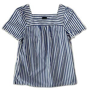 Talbots Women's Small Blouse Blue White Stripes Square Neck Scallop Sleeve
